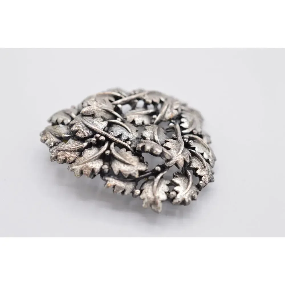 Vintage Leaf Pin Brooch Brushed Silver Pewter Textured Leaves Chunky 1980s 9B